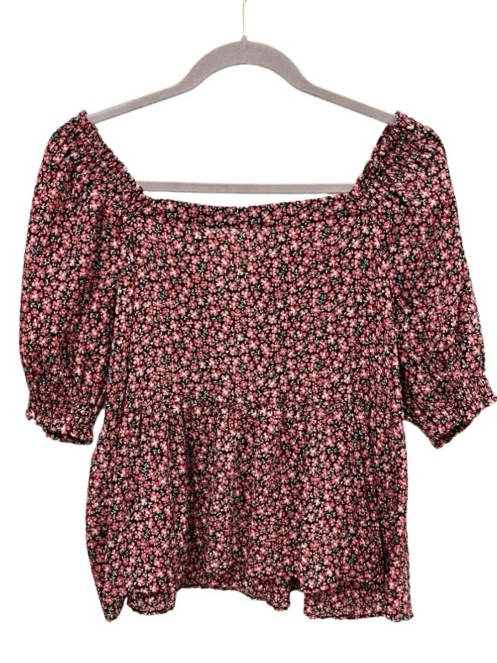 Loft Ditsy Floral Top Size Large Black Red Puff Sleeve Cottagecore Dark Coquette